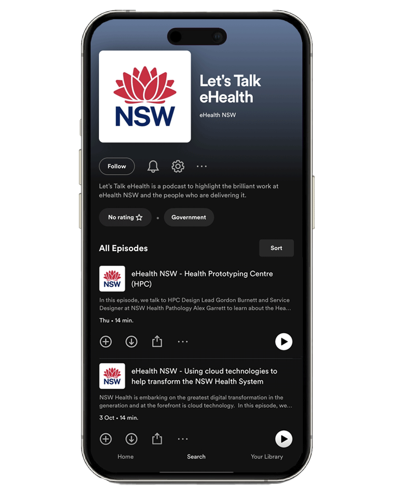 iPhone displaying eHealth NSW podcasts.