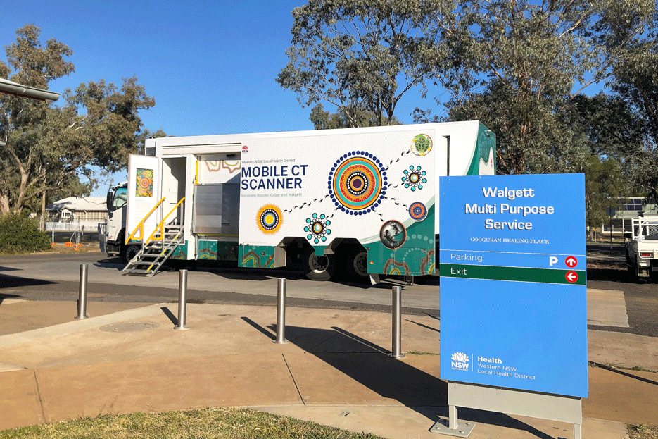 CT scan van parked outside a hospital in rural NSW.